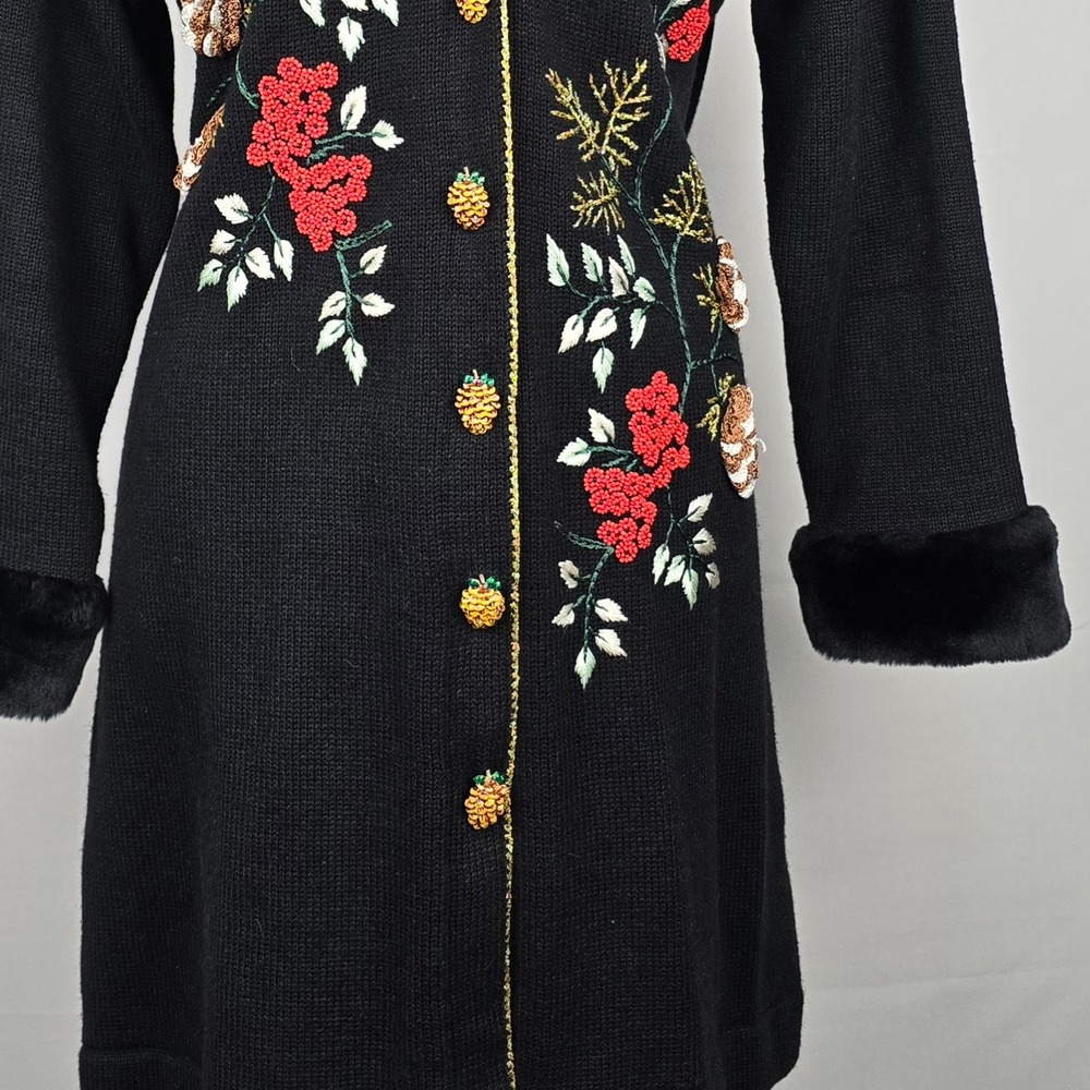 Storybook Knits Black Beaded Floral Cardigan Sweater Coat Faux Fur Trim Medium - Picture 6 of 16